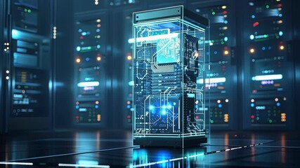 Quantum computer is processing data inside a server room, visualizing the concept of neural enhancement and the power of neurotechnology