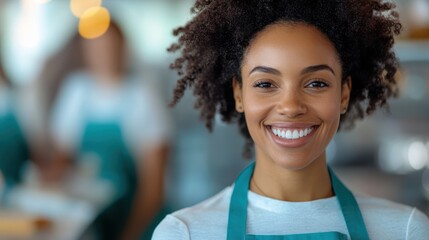 Fototapeta premium A vibrant image of a smiling barista wearing an apron, with curly hair, standing in a bright cafe environment, representing hospitality and customer service.