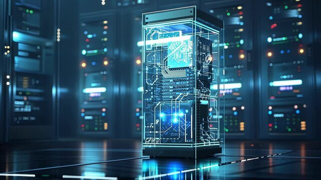 Quantum computer is processing data inside a server room, visualizing the concept of neural enhancement and the power of neurotechnology