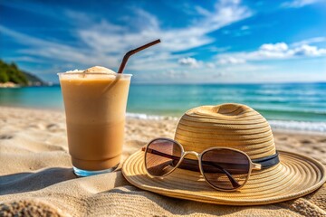Obraz premium Refreshing iced coffee on beach with straw hat and sunglasses