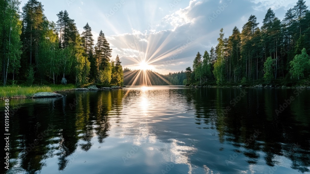Poster the image portrays a forest lake with sun rays dramatically piercing through clouds, crafting a mesm