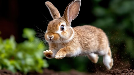 Fototapeta premium A spirited brown rabbit makes a dynamic leap across a grassy backdrop, representing movement and freedom in nature with a focus on its lively motion.