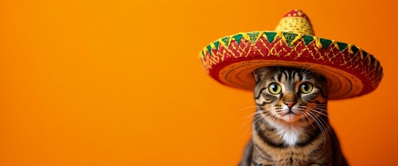 Naklejka premium Day of The Dead Día Muertos Cat Sombrero Orange Background Copyspace Cheerful Festive Atmosphere