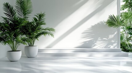 Fototapeta premium This image displays a naturally lit, minimalist interior adorned with twin potted plants, offering a tranquil and refreshing ambiance enhanced by shadows and light.