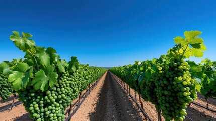 Naklejka premium A photostock images of a vineyard with rows of grapevines under a clear blue sky