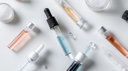 A collection of assorted glass dropper bottles and containers filled with various solutions, showcasing vibrant colors and textures, ideal for cosmetics concepts.