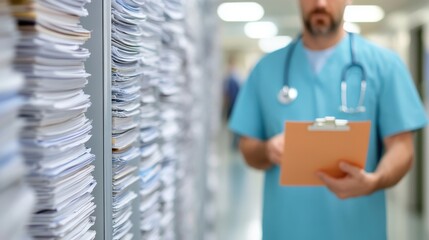 A medical professional in scrubs carefully reviewing patient files stored on shelves in a clinical hallway, indicating thoroughness and healthcare diligence.
