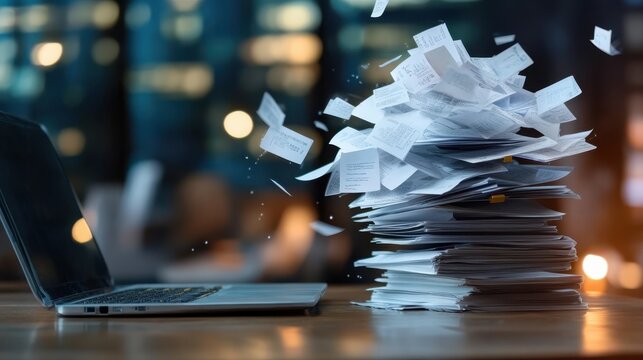 A busy desk scene with a laptop as a pile of papers and digital receipts are dynamically blowing away, illustrating chaotic or modern workspaces.