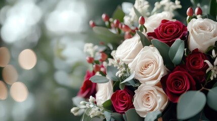 Fototapeta premium An exquisite bouquet with red and white roses is artfully arranged alongside lush green leaves and small white blossoms, creating an eye-catching display.
