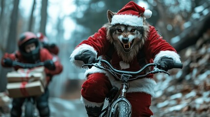 Fototapeta premium A werewolf dressed as Santa Claus rides a bicycle aggressively through a snowy forest, revealed by his snarling expression and dynamic motion in winter scenery.