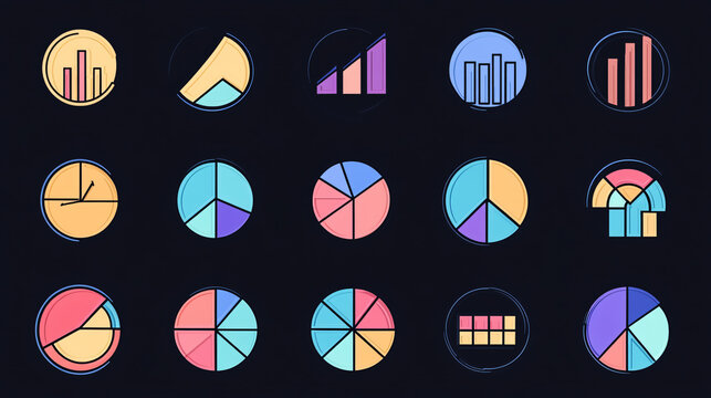 An icon set depicting a pie chart divided into 29 segments, useful for infographics and data representation