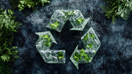 Conceptual image of a recycle symbol formed with crushed transparent plastic bottles highlighting eco-friendliness