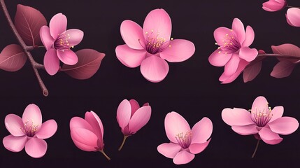 Pink cherry blossom flowers in a bouquet. Separate realistic petals, flowers, branches, and leaves as a vector set. Decorate spring tree illustration.