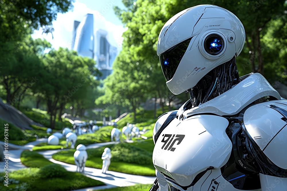 Poster a peaceful park within a high-tech city, where people relax with robots and ai companions, symbolizi