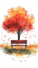 Watercolor Autumn Park Scene with Bench and Falling Leaves, Vintage Style