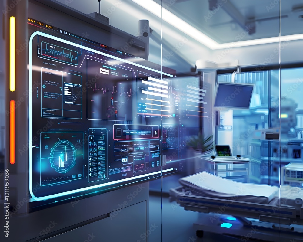 Poster futuristic holographic interface in a cutting edge hospital room displaying patient data and monitor