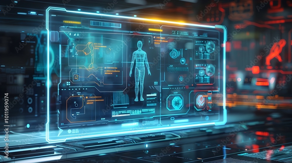 Poster holographic gaming console with customizable character and environment interface