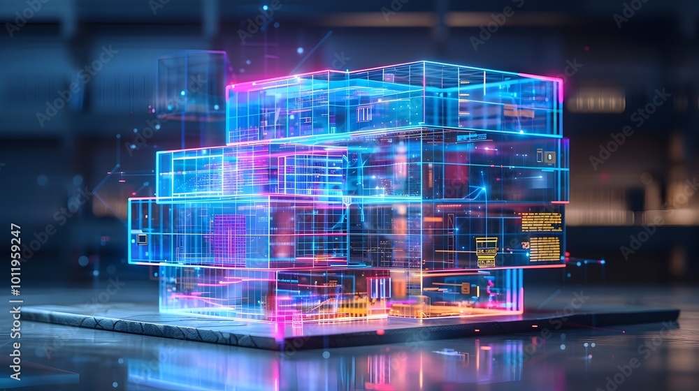 Aufkleber holographic architectural interface showcasing 3d building model with structural details and materia