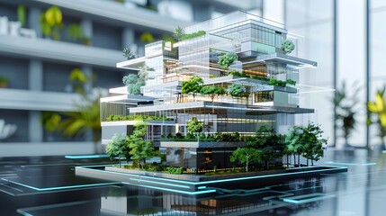Holographic Architectural Interface Showcasing 3D Building Model with Structural Details and Environmental Impact
