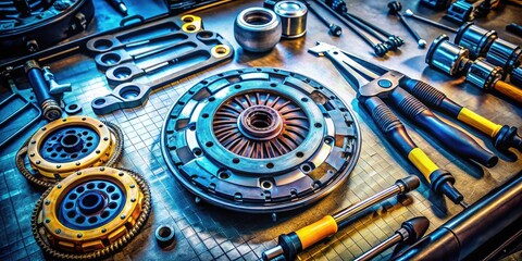 Clutch Replacement Process in Automotive Workshop with Tools and Car Parts on Workbench Surface