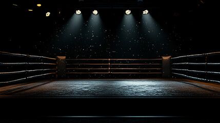 Empty professional boxing ring in the dark, illuminated spotlight. Sport background.