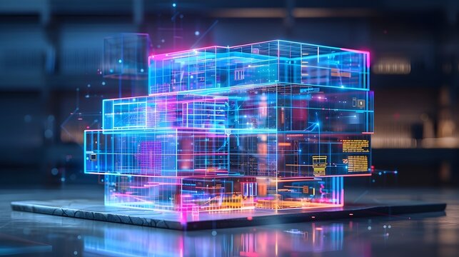 Holographic Architectural Interface Showcasing 3D Building Model with Structural Details and Material Options - Powered by Adobe