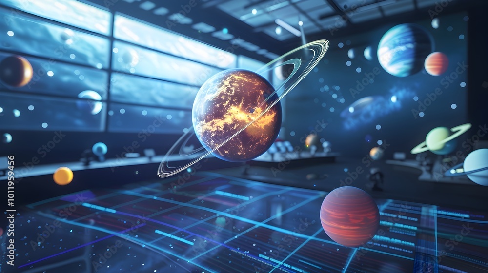 Poster students exploring 3d model of solar system in futuristic virtual reality classroom