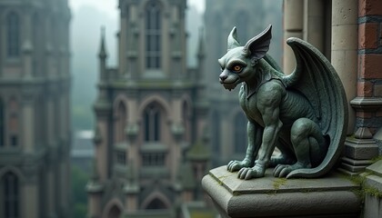 Naklejka premium Gargoyle statue with watchful expression against gothic architecture