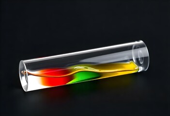 a glass tube filled with colored liquid on a matte black background, emphasizing the transparency...