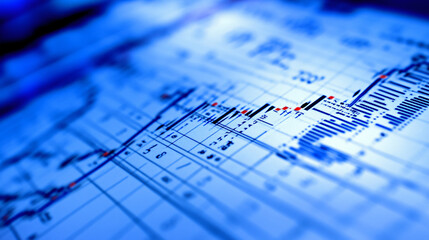 Macro close-up of a stock market investment trading chart displayed in blue, analyzing data with candlestick graphs