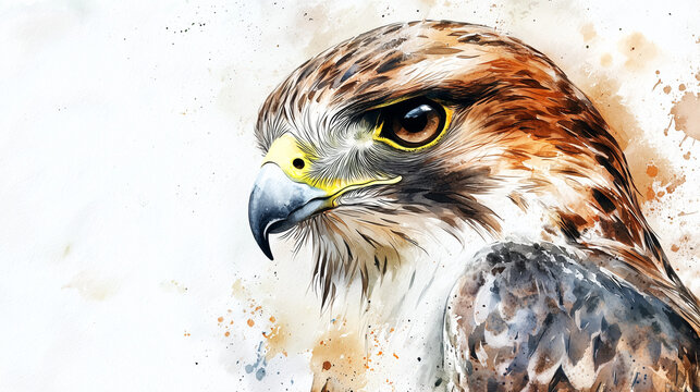 Detailed watercolor hawk portrait with intense gaze and soft background