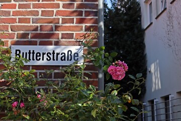 Die Butterstraße in Esens mit Rose