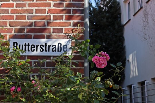 Die Butterstra&szlig;e in Esens mit Rose
