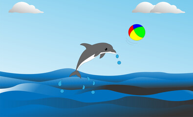 Dolphin playing with colourful ball in water