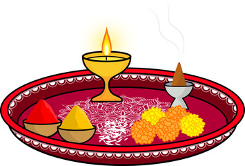 Pooja aarti thali plate illustration with flowers and diya 
