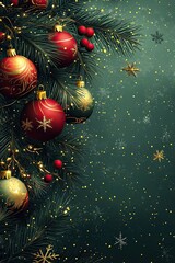A green background with Christmas decorations. Topview. Wallpaper, banner, background
