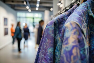 Close-up view of a bacterial-dyed jacket displayed in an art gallery during an exhibition featuring innovative textile designs