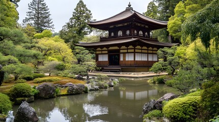 A peaceful view of a traditional Japanese temple surrounded by a serene garden with lush greenery and a tranquil pond
