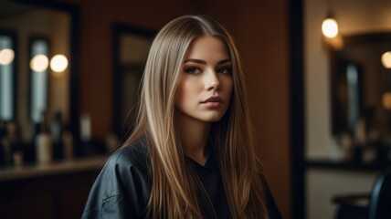 Obraz premium A young woman with long brown hair sits in a barber shop, waiting for her haircut.