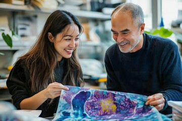Fototapeta premium An Asian fashion designer reviews colorful fabric patterns with a colleague in a bright design studio during the afternoon