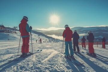 Group of ski instructors preparing for lessons in a snowy mountain landscape at sunrise in the winter season