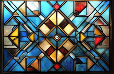 A stained glass window with an art deco design featuring geometric shapes and bold colors