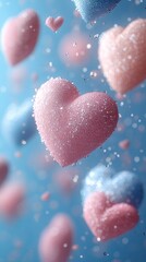 Obraz premium A blue background with pastel-colored hearts. Space for text. Wallpaper, banner, poster, background.