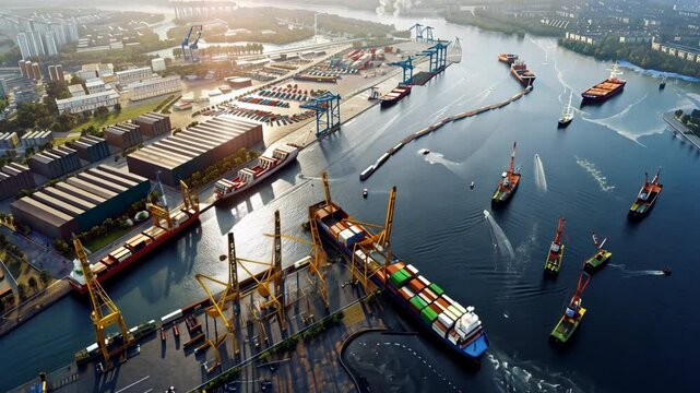 An aerial view of a busy port with container ships docked and being loaded