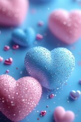 Obraz premium A blue background with pastel-colored hearts. Space for text. Wallpaper, banner, poster, background.
