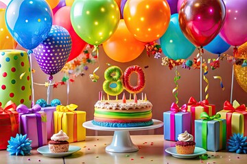 Colorful 80th Birthday Clipart with Balloons, Cake, and Festive Decorations for Celebratory Events