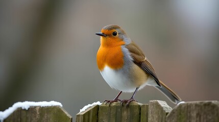 Fototapeta premium Winter European Robin on a garden fence