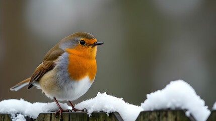 Fototapeta premium Winter European Robin on a garden fence