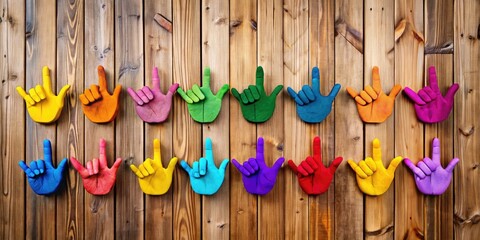 Colorful ABC ASL Alphabet Signs on a Wooden Background for Educational and Learning Purposes