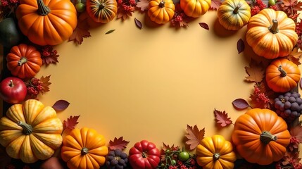 Fototapeta premium An attractive background with beautiful decorations for thanksgiving. Pumpkins and fruits are surrounded by flowers, vegetables and leaves